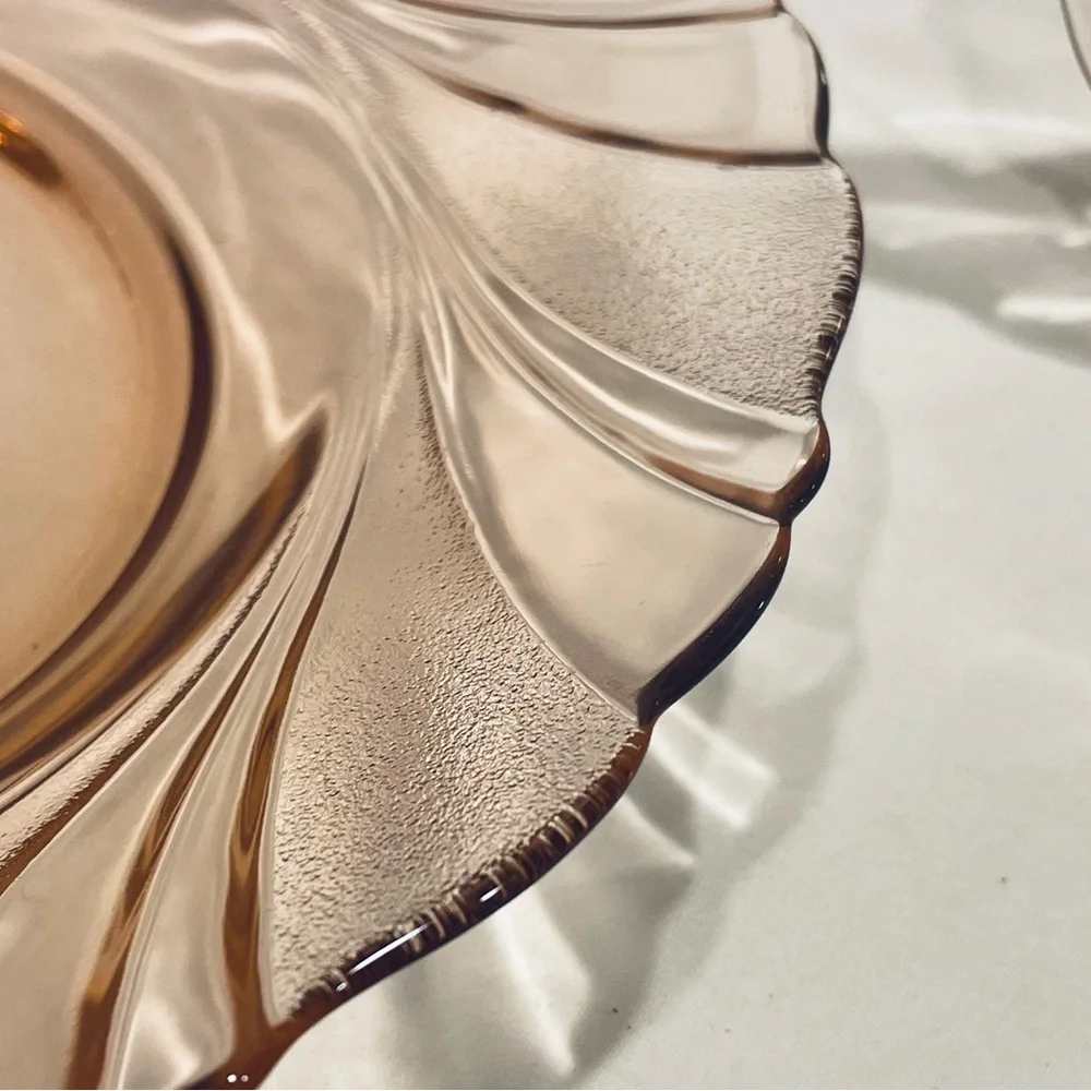Set (4) Vereco France Pink Swirl Pattern Etched Glass Salad Plates | 8.25” | EUC